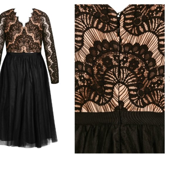 CITY CHIC RARE BEAUTY LONG SLEEVE BLACK/NUDE LACE DRESS sz S/16W - Picture 4 of 5